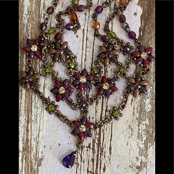 VTG Multi-Chain Crystal & Enamel Flowers Necklace w Purple Crystal Dangle - Picture 8 of 9